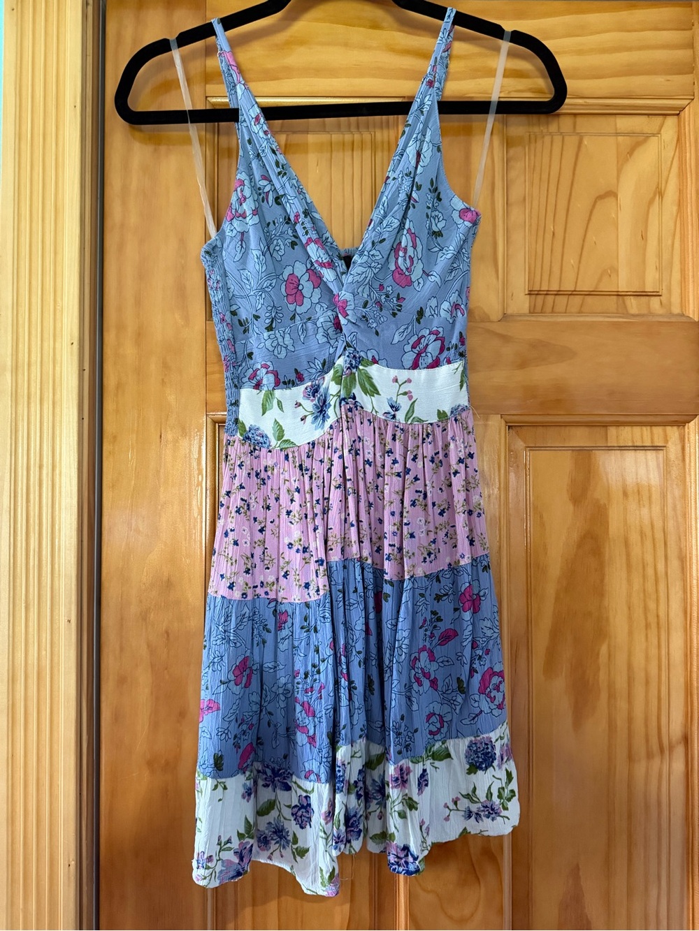 Angie Floral Patchwork V-Neck Mini Dress in Light Blue and Pink